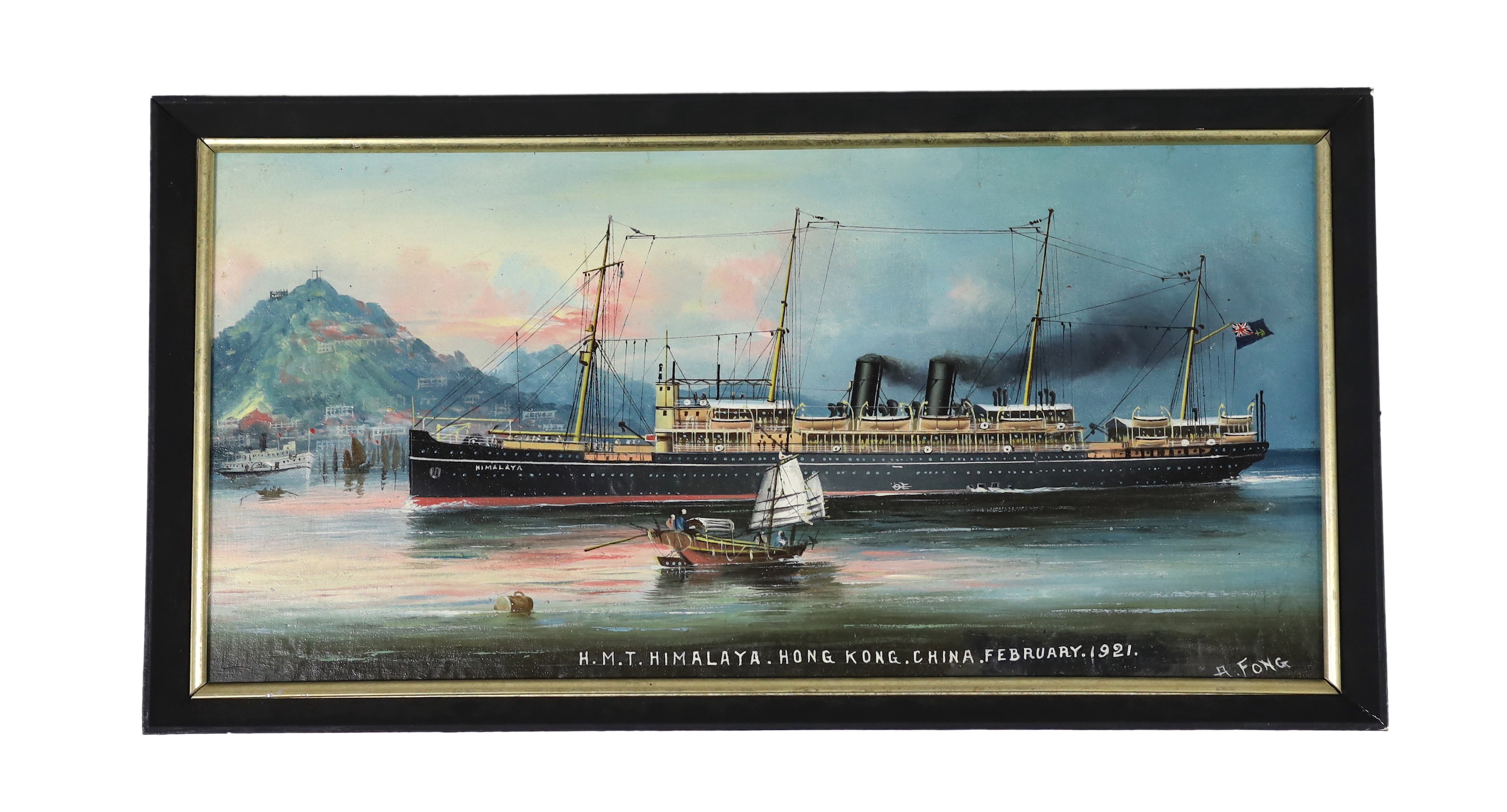 A Fong (Hong Kong School, early 20th century) ‘H.M.T. Himalaya, Hong Kong, China February 1921’, oil on canvas later laid on board, image 26.5cm x 54.5cm